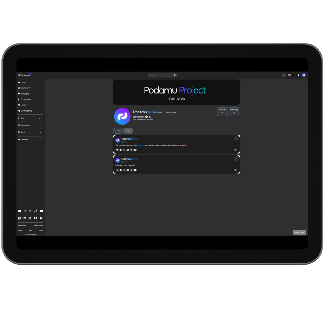 Podamu Website Dark Mode Tablet Mockup